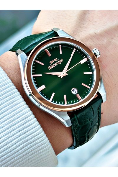Slazenger Special Design Leather Band with Calendar Green Color Men's Wrist Watch with 24 Months Warranty 2486.03