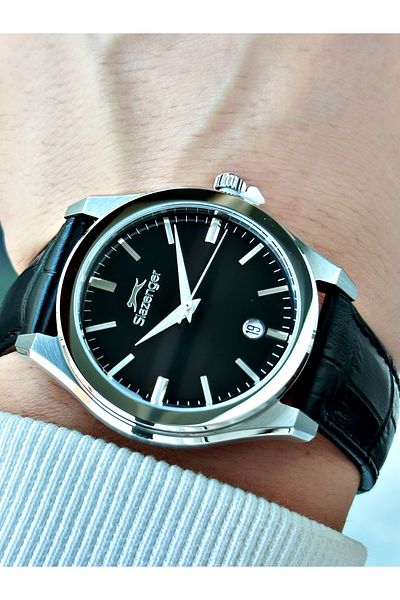 Slazenger Special Design Leather Band with Calendar Black-Silver Color Men's Wrist Watch with 24 Months Guarantee 2486.01