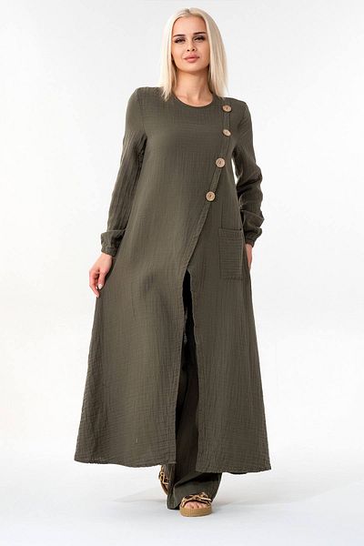 Fashion Showcase Țesătură de muselină Detaliu nasturi Slit în față 100% bumbac Tunica hijab kaki