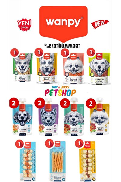 Wanpy 15 Çeşit Yeni Köpek Ödül Maması/ Et Ezmesi 8 adet 90 gr/Sarılı Kemik 3 adet 85 gr /Kuru Ödül 4 adet