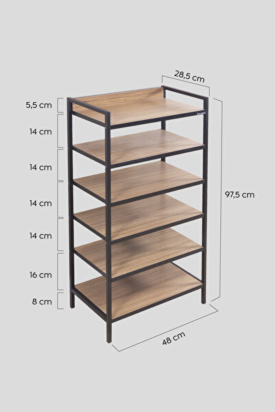 Milonsa Metal Gövdeli 6 Katlı Ayakkabılık ve Raf - Modern Ahşap Desenli Çok Amaçlı Organizer