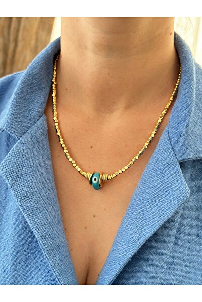 mibrillo Gold Evil Eye Detailed Bead Cube Necklace