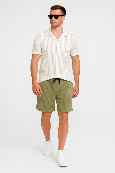 tetramoda Crepe Fabric Striped Short Sleeve Shirt Shorts Set