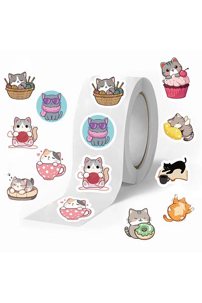 Choice Mix-and-Match Cat Head Stickers Roll (500 Sheets) Decor for Planners, Envelope Sealing & Noteboo...