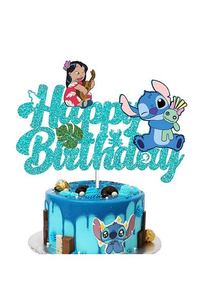Disney Blue Disney Stitch Angel Cake Topper Glitter Pink Happy Birthday Cake Decor Party Supplies for Kids