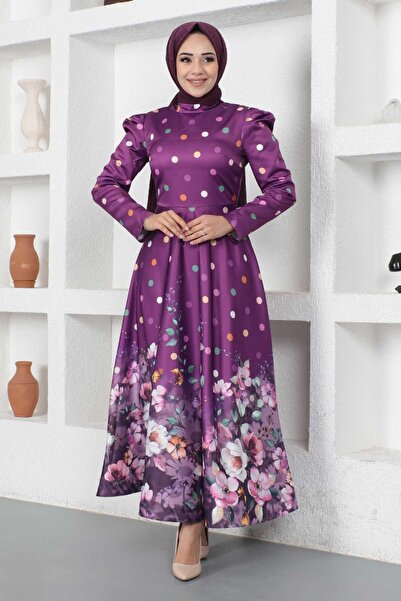 Missvalle Βραδινό φόρεμα με λουλούδια πουά σατέν δαμασκηνί MSW12251