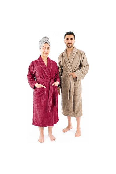 OEM Set 2 Bathrobes Premium for Him and Her, 100% Cotton, Red/Beige, Woman Size XL, Man Size 2XL