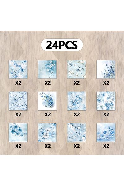 Choice Multi-Colored 24pcs, Blue Floral Theme Scrapbook Paper, A5 Size, DIY Journals, Material Paper, Greet