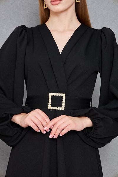 vuvutasarım Stylish Stone Design Belted Long Balloon Sleeve Detailed Double Breasted Collar Black Midi Dress 77132