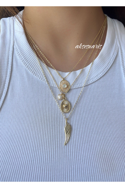 aksesuaris 3'lü Kalp Melek Charm Gold Kadın Kolye Set