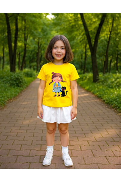 Windy Island Fete guler rotund fetiță și pisică cu imprimeu tricou