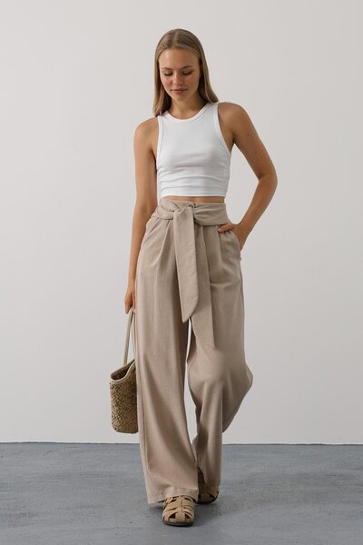 Lin Collection Kadın Vizon Keten Karışımlı Bol Kesim Palazzo Kuşak Detaylı Cepli Beli Lastikli Pantolon