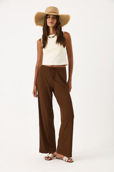 VENA Women's Wide Leg Draped Trousers with Elastic Waist - Brown