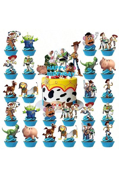 Miniso (25PCs) Disney 25Pcs Toy-Stor Mania Theme Birthday Party Cake Decoration Supplies Family Birthday Pa