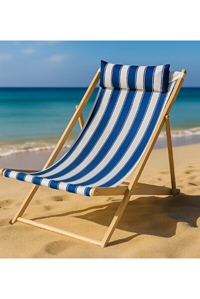 PorBig 3 Kademe Ayarlı Ahşap Şezlong | Mavi-Beyaz Çizgili, Yastıklı, Taşınabi...