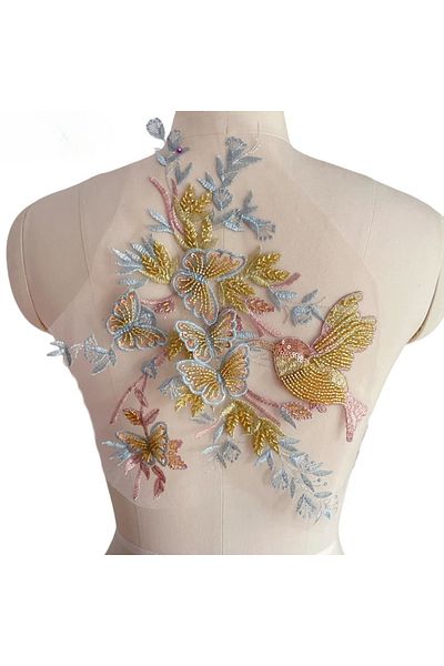 Choice Random direction Gold Blue Bird Butterfly Branch 3D Applique Sequin Tube Bead Lace Patch Dress Child