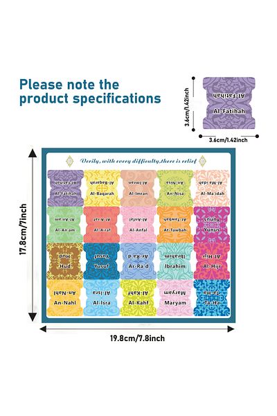 Choice 114 Quran Chapter Tabs & 6 Blank Tabs: Self-Adhesive, Tear-Resistant, Clearly Printed for Easy Qu...