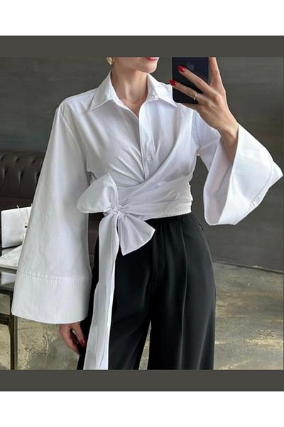 JESSE STORY Women's Crop Waist Tie Shirt Cotton