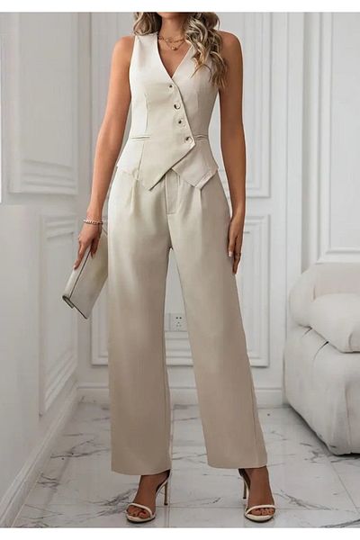 Little Visqon Women's Zero Sleeve Cross V Neck Front Buttoned Atlas Vest and Trousers Two-Piece Suit