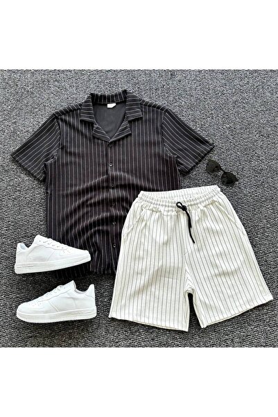 tetramoda Crepe Fabric Striped Short Sleeve Shirt Shorts Set