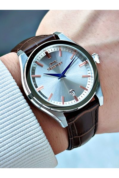 Slazenger Special Design Leather Band with Calendar Brown Color Men's Wrist Watch with 24 Months Guarantee 2486.05