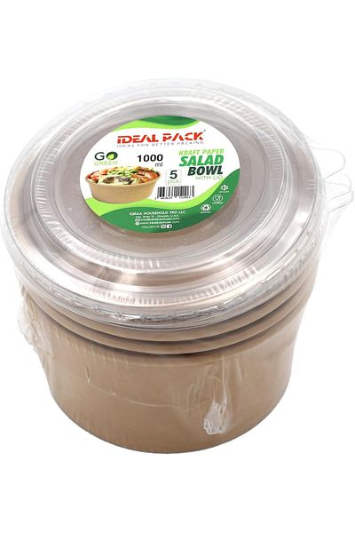 Ideal Pack Kraft Paper Salad Bowls with Lids – 5 PCS Eco-Friendly Disposable Salad Containers – Leak-Proof,