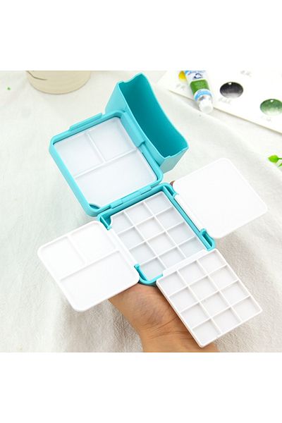 Choice 24 Grids Blue Portable Mini Watercolor Palette Box 24 Grids with Brush Washing Bucket Plastic Solid