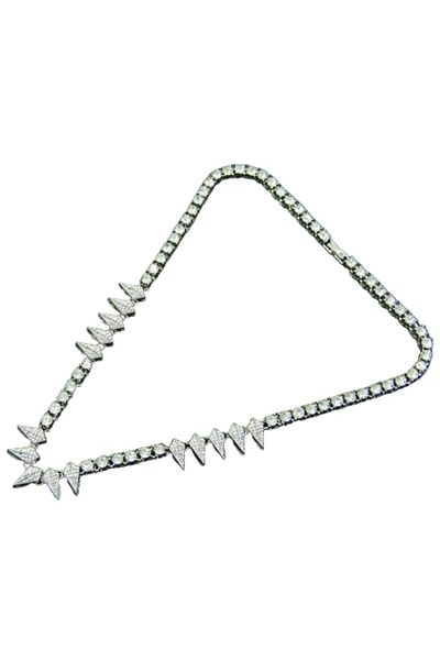 Tessero Collar Tennis Model with Spiked Design, Zirconium Stones, 18K White Gold Plated, Clip Closure, 50 cm