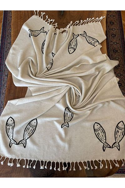 Huge Home Tree Printed Natural Linen Beach Towel Peshtemal, Black Fish, Summer Gift.
