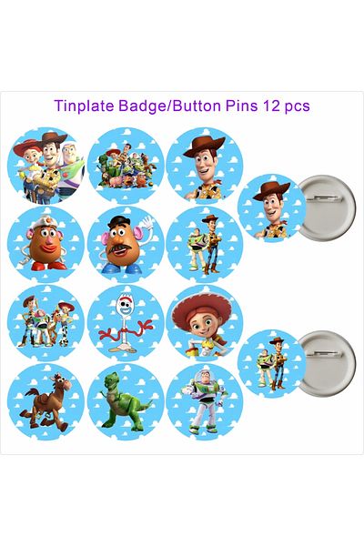 Miniso 12pcs Tinplate Badge Miniso Toy Story Party Favors Birthday Party Supplies Gift Bag Goody Bag Pinata