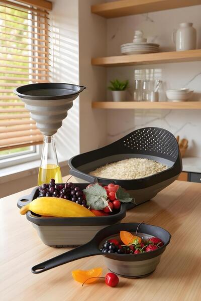 Justyol Set of 4 Foldable Gray Strainers and Funnel – Accordion Kitchen Utensils