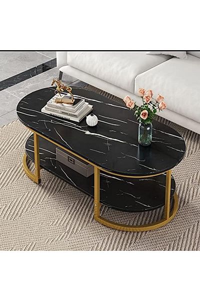 Generic Oval Coffee Table With Gold Metal Frame - Modern Living Room Center Table for Small Apartments, Bedr