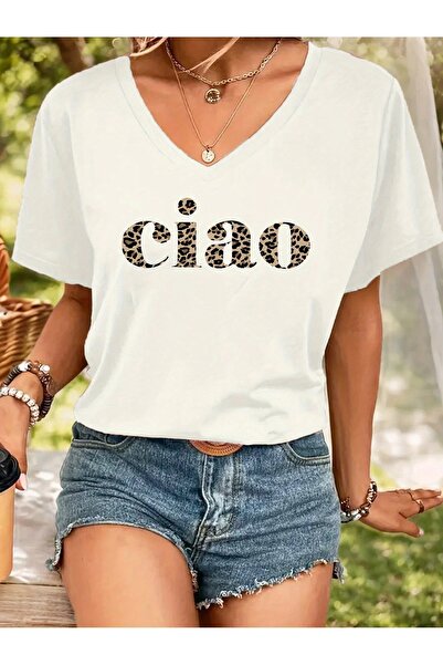 WOODROFFE تي شيرت نسائي مطبوع برقبة على شكل حرف V وطبعة ليوبارد تشاو فضفاض لل...