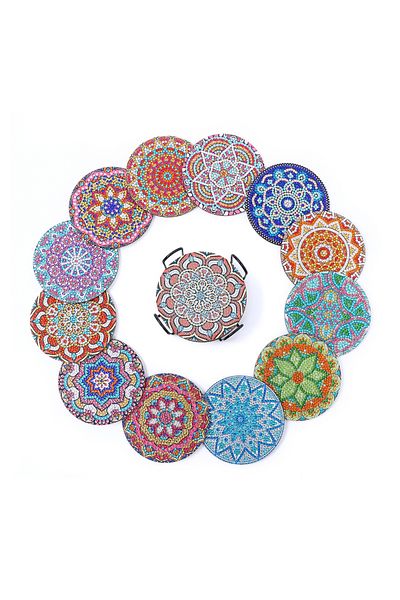 Choice AA1140 12 Pieces of round Mandala Pattern Artificial Diamond Painted Wooden Wooden Table Art Coaster