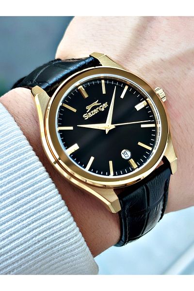 Slazenger Special Design Leather Band with Calendar Black Color Men's Wrist Watch with 24 Months Warranty 2486.04
