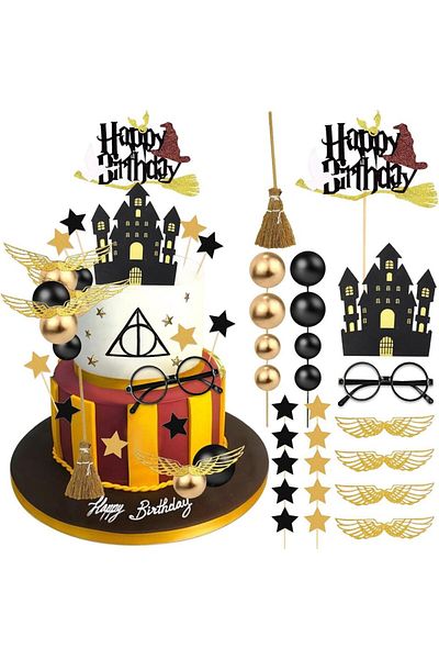 Choice 1pcs Magical Wizard Birthday Cake Toppers Wizard Party Favors Glitter Black Wizard Themed Decora Gif