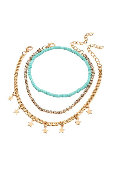 Tessero Set of three anklets, star pattern, zirconia stones, 18K gold plated, adjustable size