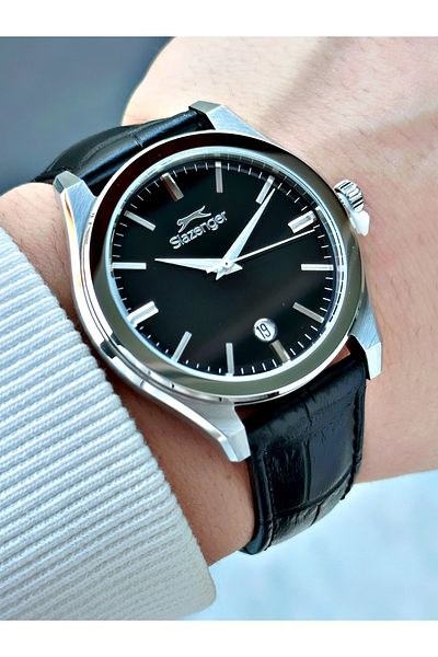Slazenger Special Design Leather Band with Calendar Black-Silver Color Men's Wrist Watch with 24 Months Guarantee 2486.01