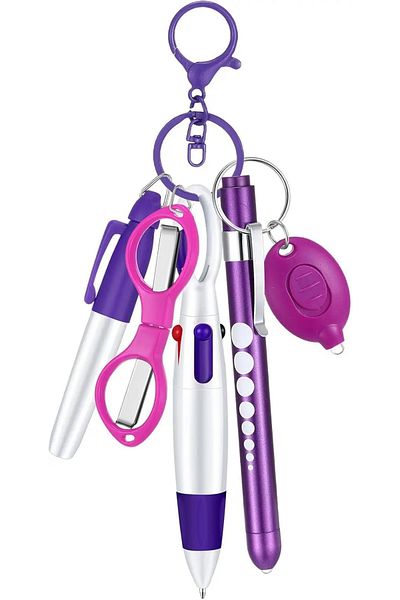 Choice purple 6in1 Multifunction Retractable Ball Pen Set Flashlight Foldable Scissors Ballpoint Pen Keycha