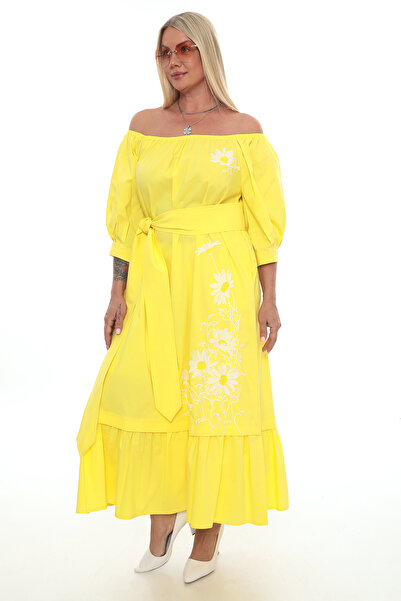 DOJERY OMUZU AÇIK PAPATYA NAKIŞLI KUŞAKLI YAZLIK ELBİSE