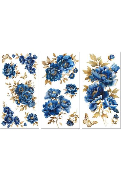 Choice AECH09-04618 Rub on Transfer Sticker for Furniture Crafts Decor 6"x12" Blue and Gold Peonies Flowers