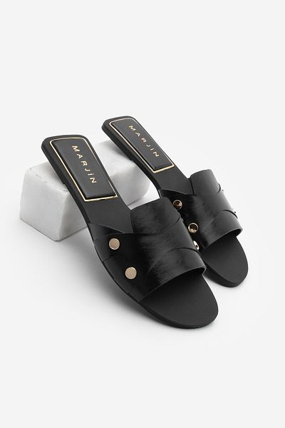 Marjin Women's Gold Studded Banded Casual Slippers Vimase Black