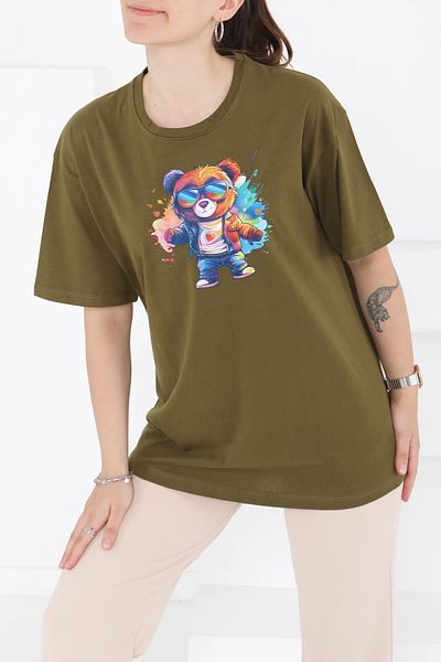 TOFİSA Printed Short Sleeve T-Shirt Khaki - 27349