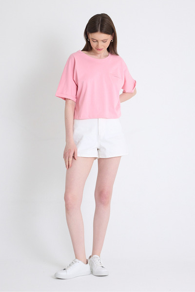 Rays Pink Pocket Detailed Crew Neck Crop T-Shirt 2136m