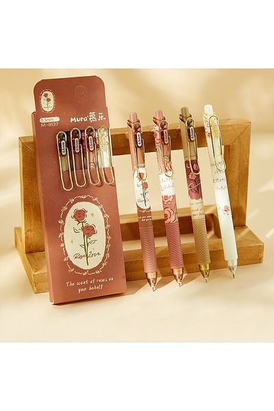 Choice 4pcs Coffe Color 4pcs Rose and Poetry 0.5mm Black Press Gel Pens Animation Student Writing Ink Pen B
