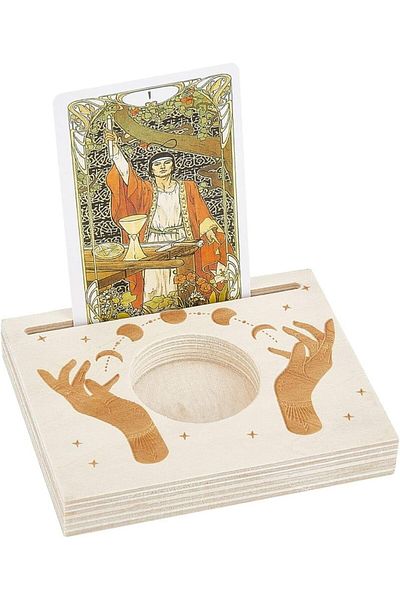 Choice AECH03-19582 Wooden Tarot Card Stand Carved Candle Holder Moon and Hand of Hope Pattern 10x8x1.5cm R