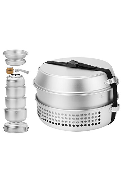 Choice طقم موقد تخييم فضي مكون من 10 قطع، وعاء تخييم، مقلاة، غلاية للتخييم في...