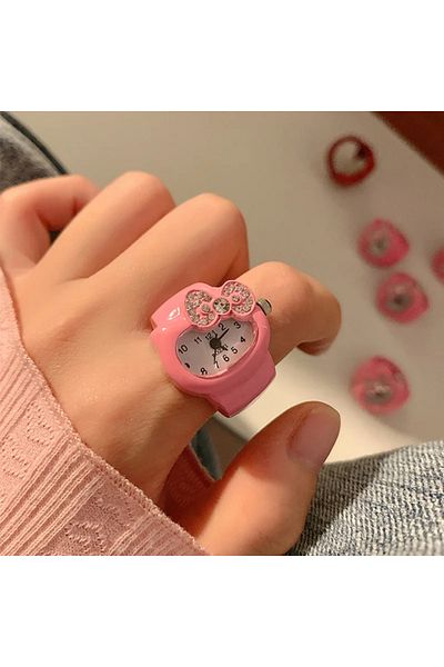 Miniso Pink Sanrio Hello Kitty Watch Ring, Cute Kt Cat Bow, Rhinestone Clock Ring, Girls Jewelry, Kids Gift