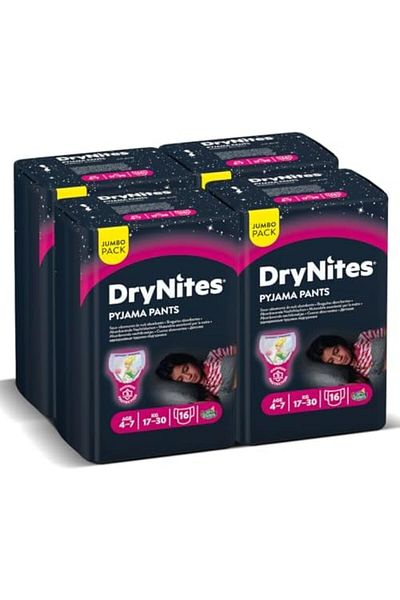 Huggies Dry Nights, 4-7 Years, Girls, 17-30 kg, Jumbo Pack, 64 Diaper Pants
