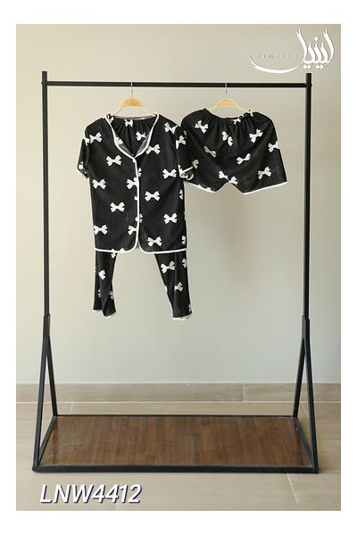 LINELLE 3-Piece Pyjama Set- Black and White Nightwear Set with Shirt, Pant and Shorts.